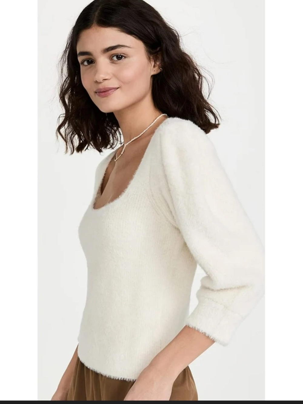 Free People Moonbeam Fuzzy Ivory Square Neck Sweater Bubble Sleeve size Large